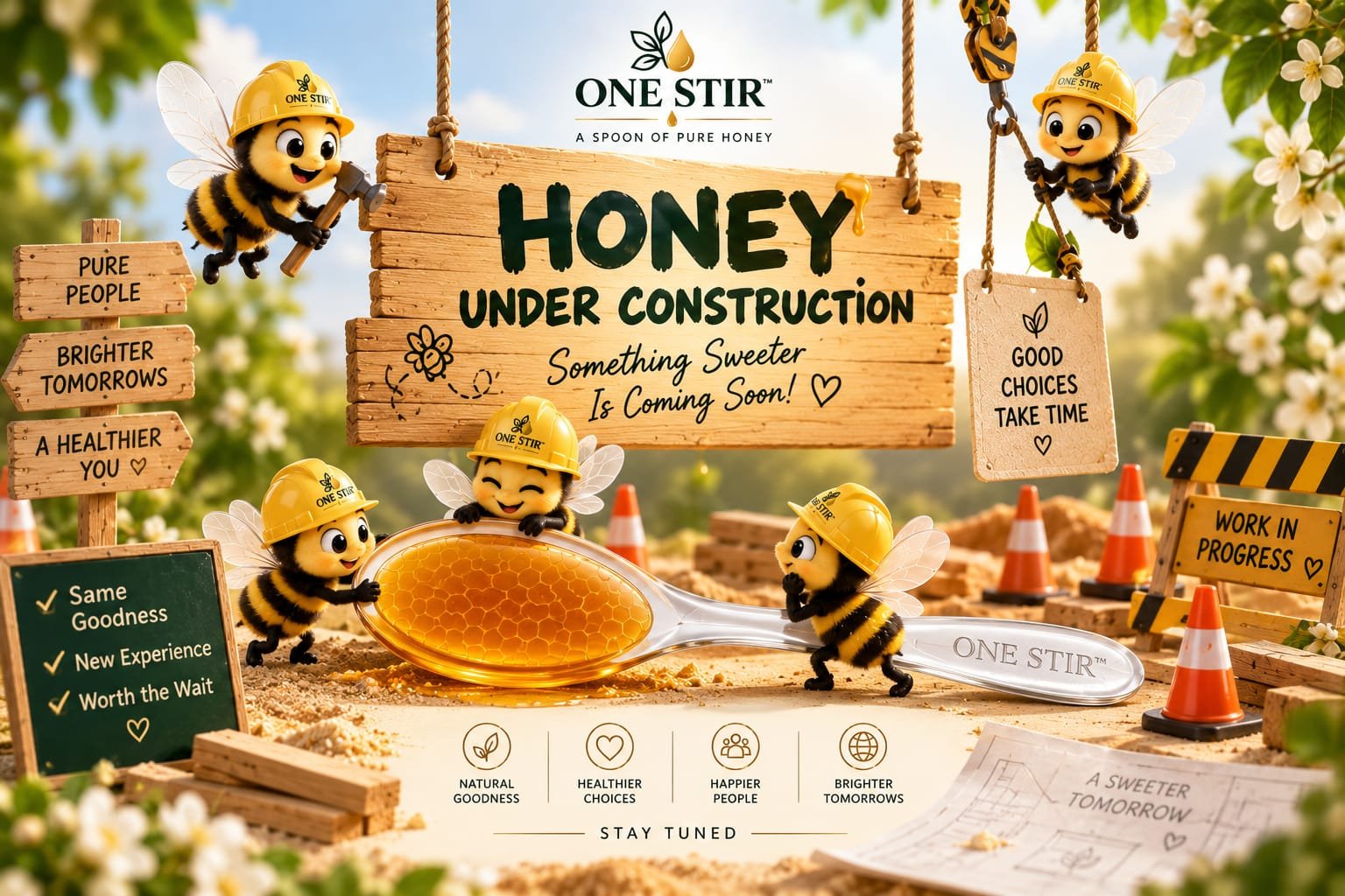 One Stir — Honey Under Construction: illustrated bees in hard hats building a sign that reads 'Something Sweeter Is Coming Soon'